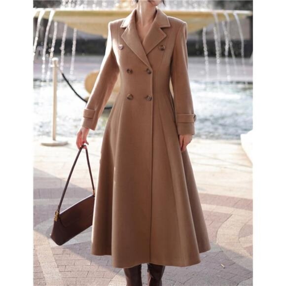 Womens Long Coat, Double Breasted Trench Coat Brown